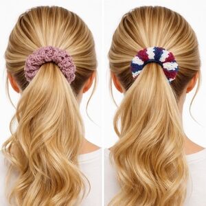 Handmade Textured Crocheted Scrunchies Ponytail Holder Hair Tie Set Of 2 - New